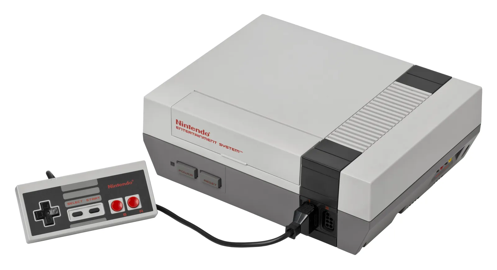 The Nintendo Entertainment System console with a controller plugged in.