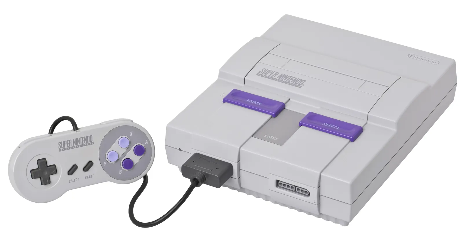The North American Super Nintendo Entertainment System with its purple buttons and a controller plugged in.